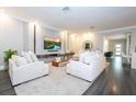 Elegant living room featuring modern decor, a large TV, stylish furniture, and recessed lighting at 5006 Legacy Oaks Dr, Orlando, FL 32839