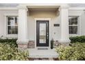 Inviting front porch with decorative columns, manicured landscaping, and a stylish glass paneled front door at 12024 Sonnet Ave, Orlando, FL 32832