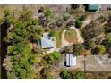 Scenic aerial view of a home with a pool, outbuildings, and green surroundings at 20773 Starry St, Orlando, FL 32833
