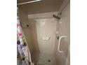 View of shower stall with tile walls, updated shower head, and safety railing at 250 Raintree Dr, Casselberry, FL 32707