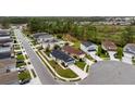 A neighborhood aerial view with a lush greenbelt with homes that feature solar panels and well-manicured lawns at 600 Bullrush Ct, Davenport, FL 33837