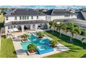 Aerial view of a private backyard featuring a large pool, jacuzzi, covered patio, and tropical landscaping at 8156 Ludington Cir, Orlando, FL 32836