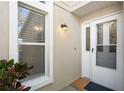 Home's inviting front entrance with a glass-paneled door and window, offering natural light and curb appeal at 8722 Village Green Blvd, Clermont, FL 34711