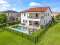 Aerial view displays a backyard with a fenced pool, lush lawn, and outdoor seating area at 8025 Topsail Pl, Winter Garden, FL 34787