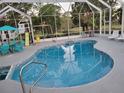 An in-ground pool enclosed with a screen and featuring a slide, swing set, and dining set at 932 Pelican Bay Dr, Daytona Beach, FL 32119