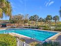 Inviting community pool featuring a bright blue surface, palm trees, and a clear blue sky at 3635 Kingswood Ct, Clermont, FL 34711