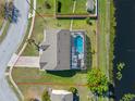 Aerial view of home showing the backyard, screened-in pool, and lot lines of the property at 8706 Irmastone Way, Orlando, FL 32817