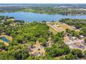 Aerial shot revealing the property's location near a serene lake, surrounded by mature trees and other residences at 450 Cassady St, Umatilla, FL 32784