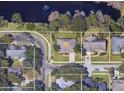 Beautiful home aerial view in a neighborhood with mature trees, landscaping, and a pond nearby at 1201 Thornbury Ct, Winter Garden, FL 34787