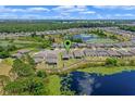 An aerial view of a lakeside home in a residential neighborhood at 17319 Million Lakes Ct, Clermont, FL 34714