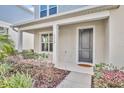 A front porch view featuring a dark front door, fresh landscaping, and sidewalk at 1312 Painted Bunting Ave, Oakland, FL 34787