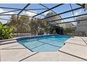 Screened-in pool boasts blue tile accents and a refreshing view of the natural surroundings at 5619 Bear Stone Run, Oviedo, FL 32765