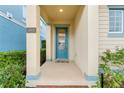 Inviting entryway with a blue front door and decorative plants, offering a warm welcome at 1468 Fairview Cir, Reunion, FL 34747