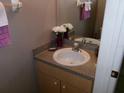 Cozy bathroom with a charming vanity, decorative flowers, and a mirror that adds depth to the space at 1285 S South Beach Circle Cir, Kissimmee, FL 34746