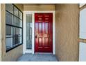 Close-up on a striking red front door flanked by a window, highlighting the home's inviting entryway and design at 3141 Wainwright St, Deltona, FL 32738