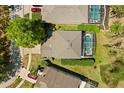 Overhead shot of a home showcasing a pristine backyard with a screened-in pool and meticulous landscaping at 229 Troon Cir, Davenport, FL 33897