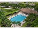 Aerial view of community pool and lounge area surrounded by palm trees and lush landscaping at 2306 Lancashire St, Davenport, FL 33896