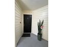 Condo entry features a black front door, a cheerful flamingo decoration, and lovely snake plant at 413 Summit Ridge Pl # 115, Longwood, FL 32779