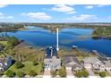 Aerial view showcases the home's location on a picturesque lake with private docks at 10303 Atwater Bay Dr, Winter Garden, FL 34787