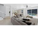 Spacious living area with a view of the pool through sliding glass doors, seamlessly blending indoor and outdoor living at 608 Abaco Ct, Kissimmee, FL 34746