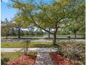 Scenic front yard view with mature trees and a tranquil neighborhood pond in the background at 6475 New Independence Pkwy, Winter Garden, FL 34787