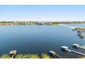 Expansive lake view with docks and lily pads, with a city skyline visible in the distance at 10337 Pointview Ct, Orlando, FL 32836