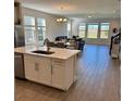 Open-concept kitchen featuring a large island, modern stainless steel appliances, and wood-look flooring at 18381 Oliver Twist Way, Winter Garden, FL 34787