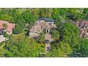 Aerial view of a grand home with a screened-in pool surrounded by mature trees and lush landscaping at 25603 High Hampton Cir, Sorrento, FL 32776