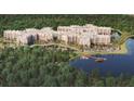 Overhead shot of the property with water view, showing surrounding green foliage and a wooden pier at 14501 Grove Resort Ave # 1229, Winter Garden, FL 34787