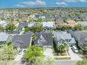 Aerial view of a residential neighborhood showcasing well-maintained homes, mature trees, and blue sky at 14209 Lake Live Oak Dr, Orlando, FL 32828