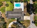 Aerial view showcasing home layout, backyard pool, roof, driveway, landscaping, and neighborhood surroundings at 1285 Seminole Ave, Longwood, FL 32750