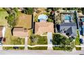 Overhead view of the property featuring a fenced backyard, patio, and mature landscaping at 2072 Monterey Dr, Deltona, FL 32738