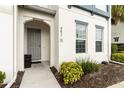 Townhome front entrance with grey door, manicured landscaping, and house number at 482 Captiva Dr, Davenport, FL 33836