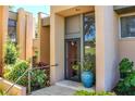 Inviting front entrance with modern door, lush greenery, and a stylish blue planter at 601 W Old Us Highway 441 # 9B, Mount Dora, FL 32757