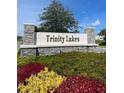 Stone entrance sign to Trinity Lakes, accented with colorful flower beds, showcasing the community's welcoming curb appeal at 7264 Dilly Lake Ave, Groveland, FL 34736