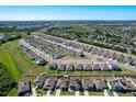 Scenic aerial view of a residential neighborhood surrounded by lush greenery, lakes and a distant cityscape at 744 Simone Ct, Haines City, FL 33844