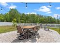 Spacious patio with dining set, string lights, and white picket fence overlooking the yard at 820 Timber Isle Dr, Orlando, FL 32828