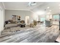 Bright, open-concept living room with modern furnishings, vaulted ceiling, and seamless flow to dining and kitchen at 501 Mulberry St, Fruitland Park, FL 34731