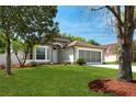 Beautiful home featuring a green lawn, mature trees, and a two-car screened garage at 33215 Kaylee Way, Leesburg, FL 34788