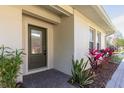 Inviting front door with glass and manicured landscaping including colorful plants at 5565 Gelato Dr, Orlando, FL 32829