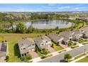 Expansive aerial shot showcasing the neighborhood, a serene pond, and well-maintained homes with lush green lawns at 9687 Lost Creek Dr, Winter Garden, FL 34787