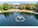 Stunning aerial view of home with private lake, fountain feature, dock, and expansive, tree-filled backyard at 835 Dyson Dr, Winter Springs, FL 32708