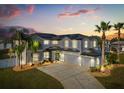 Beautiful twilight home with a three-car garage, solar panels, lush lawn and palm trees at 3209 Waterbridge Ct, Kissimmee, FL 34744