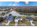 Stunning aerial view of a lakeside home with mature trees and lush landscaping in a desirable community at 5502 Willow Bend Trl, Kissimmee, FL 34758