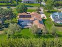 An aerial view of a home with solar panels and a screened-in pool surrounded by lush green lawns at 14343 Tilden Rd, Winter Garden, FL 34787