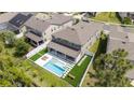 Aerial view of backyard featuring a pool with modern patio furniture and artificial turf accents at 9224 Legado Dr, Windermere, FL 34786