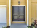 Close-up of elegant double front doors with modern hardware and manicured landscaping at 2004 Prescott Blvd, Deltona, FL 32738