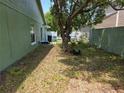 Backyard with tree and side of house with window and an unkept lawn covered in leaves at 209 Silas Phelps W Ct, Orlando, FL 32828