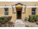Attractive entrance with a black front door, manicured shrubs, and light colored facade at 2256 Betsy Ross Ln, St Cloud, FL 34769