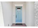 Close up of the entry featuring a modern blue-painted front door with stone accent walls at 2905 Tupelo Loop, St Cloud, FL 34772